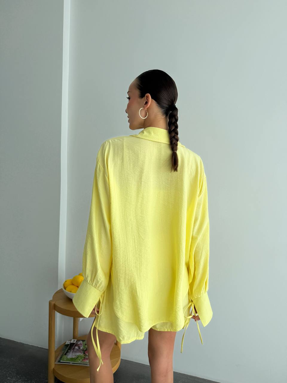 Yellow Cotton Crinkle Two Piece Set Women Oversized Shirt With Ties And Elastic Waist Shorts Breathable Summer Loungewear