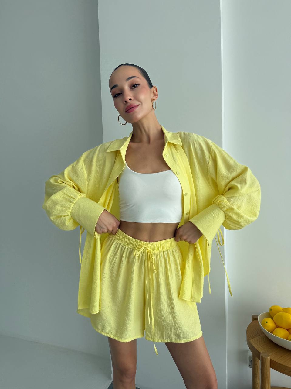 Yellow Cotton Crinkle Two Piece Set Women Oversized Shirt With Ties And Elastic Waist Shorts Breathable Summer Loungewear