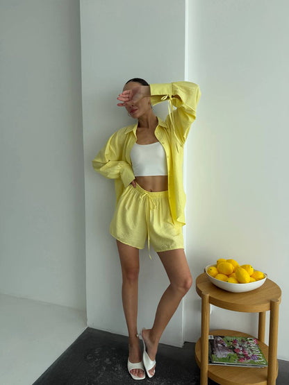 Yellow Cotton Crinkle Two Piece Set Women Oversized Shirt With Ties And Elastic Waist Shorts Breathable Summer Loungewear