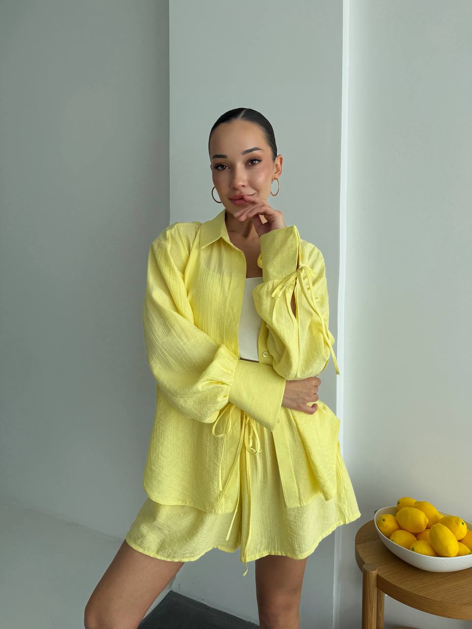 Yellow Cotton Crinkle Two Piece Set Women Oversized Shirt With Ties And Elastic Waist Shorts Breathable Summer Loungewear