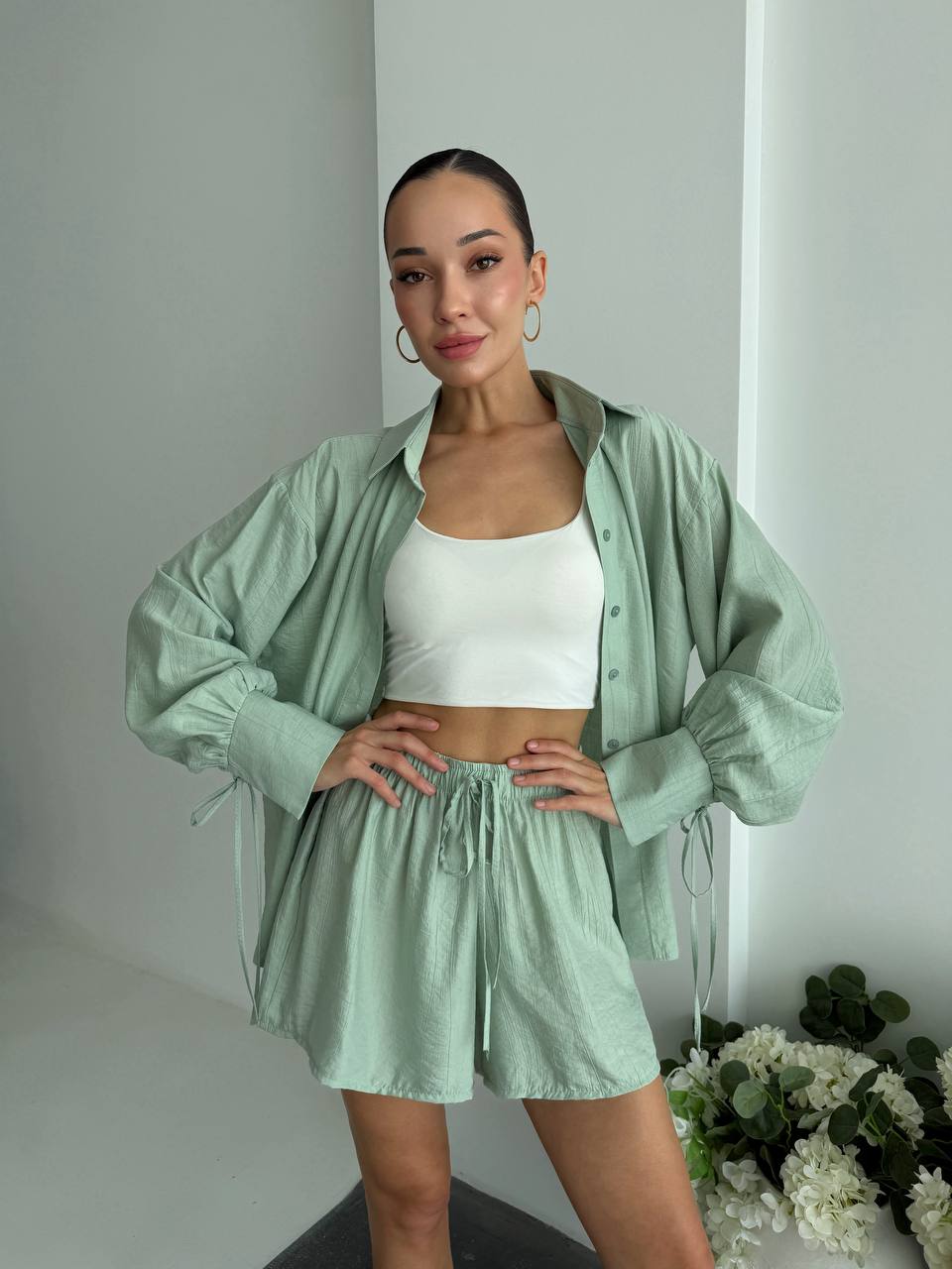 Women Two Piece Set Mint Green Cotton Crinkle Shirt and Shorts Casual Summer Suit