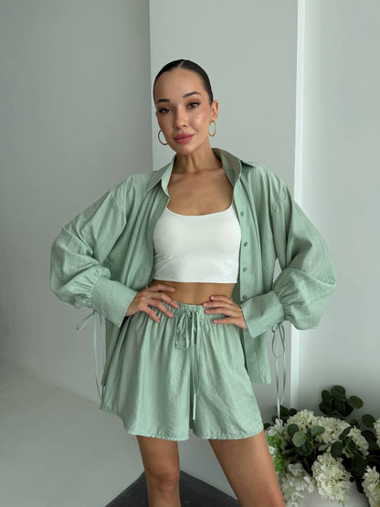 Women Two Piece Set Mint Green Cotton Crinkle Shirt and Shorts Casual Summer Suit