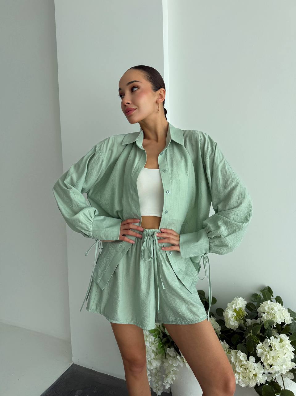 Women Two Piece Set Mint Green Cotton Crinkle Shirt and Shorts Casual Summer Suit