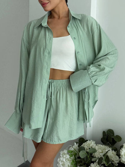 Women Two Piece Set Mint Green Cotton Crinkle Shirt and Shorts Casual Summer Suit