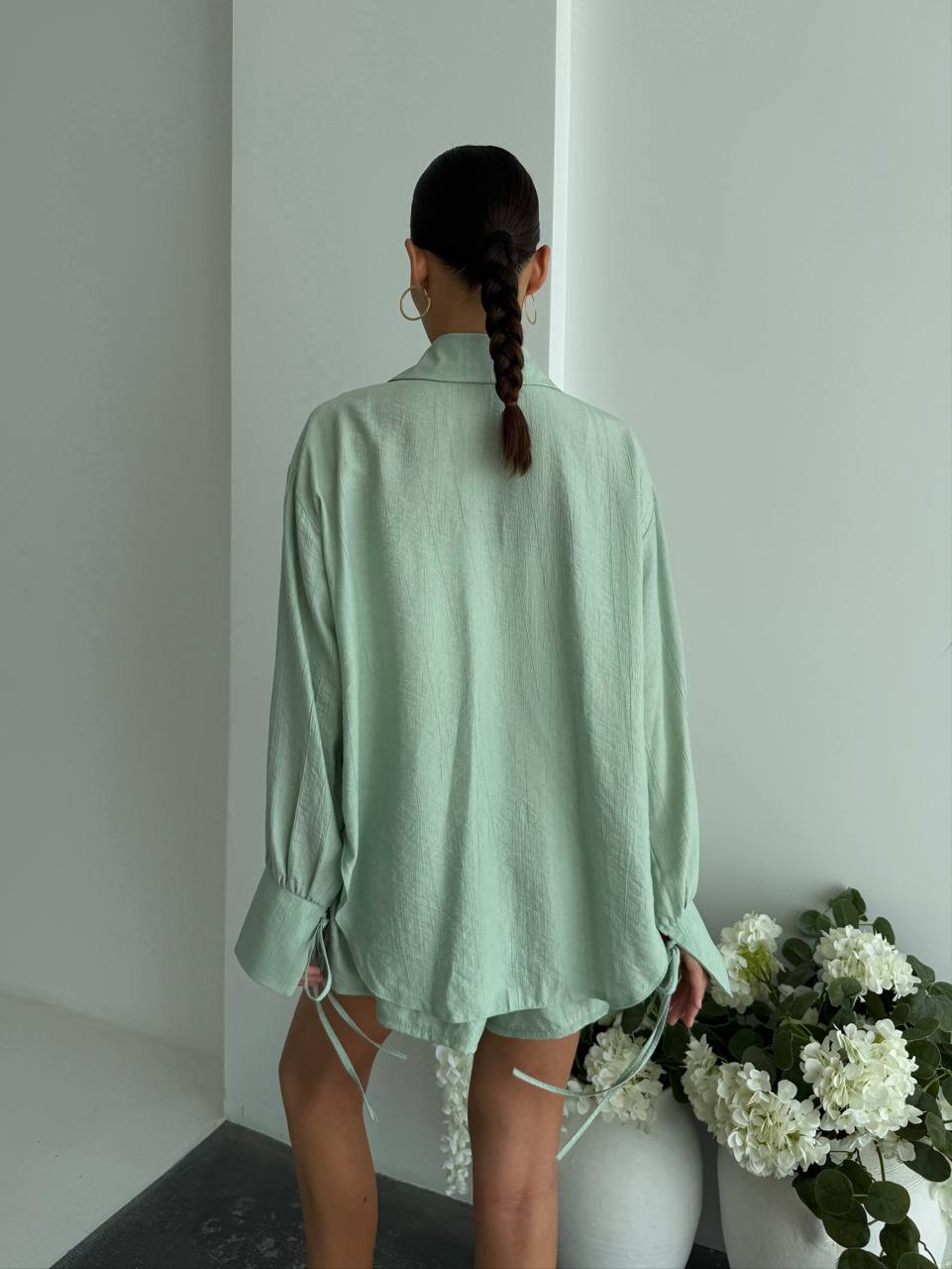 Women Two Piece Set Mint Green Cotton Crinkle Shirt and Shorts Casual Summer Suit