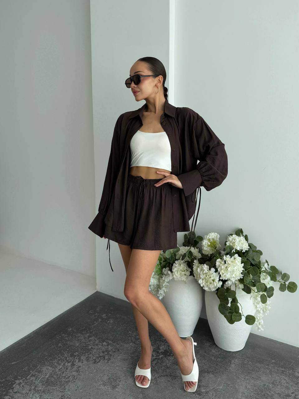 Womens Cotton Textured Two Piece Set Brown Oversized Shirt Elastic Waist Shorts