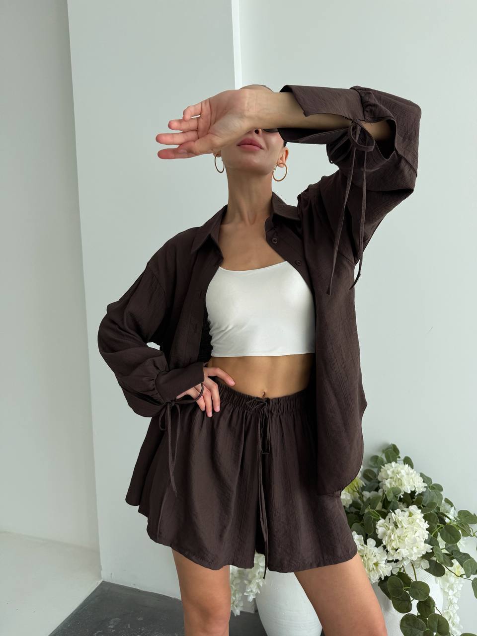 Womens Cotton Textured Two Piece Set Brown Oversized Shirt Elastic Waist Shorts