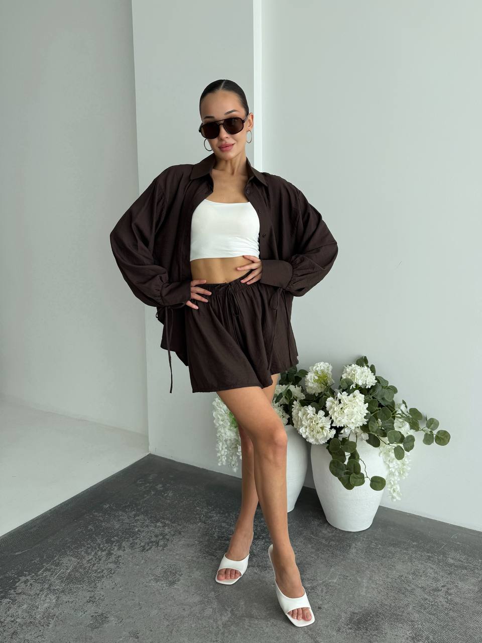 Womens Cotton Textured Two Piece Set Brown Oversized Shirt Elastic Waist Shorts