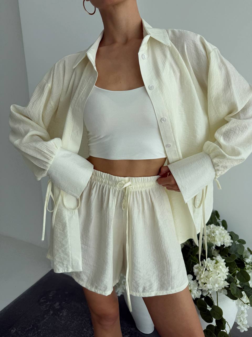 Women Two Piece Cotton Crinkle Shirt And Shorts Set Ivory Loose Fit
