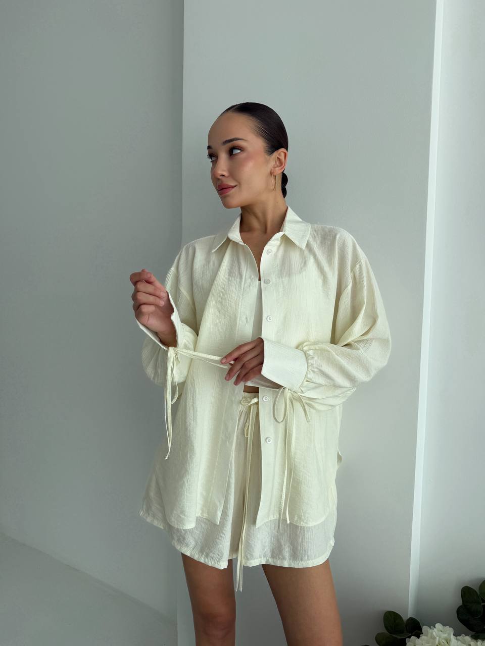 Women Two Piece Cotton Crinkle Shirt And Shorts Set Ivory Loose Fit