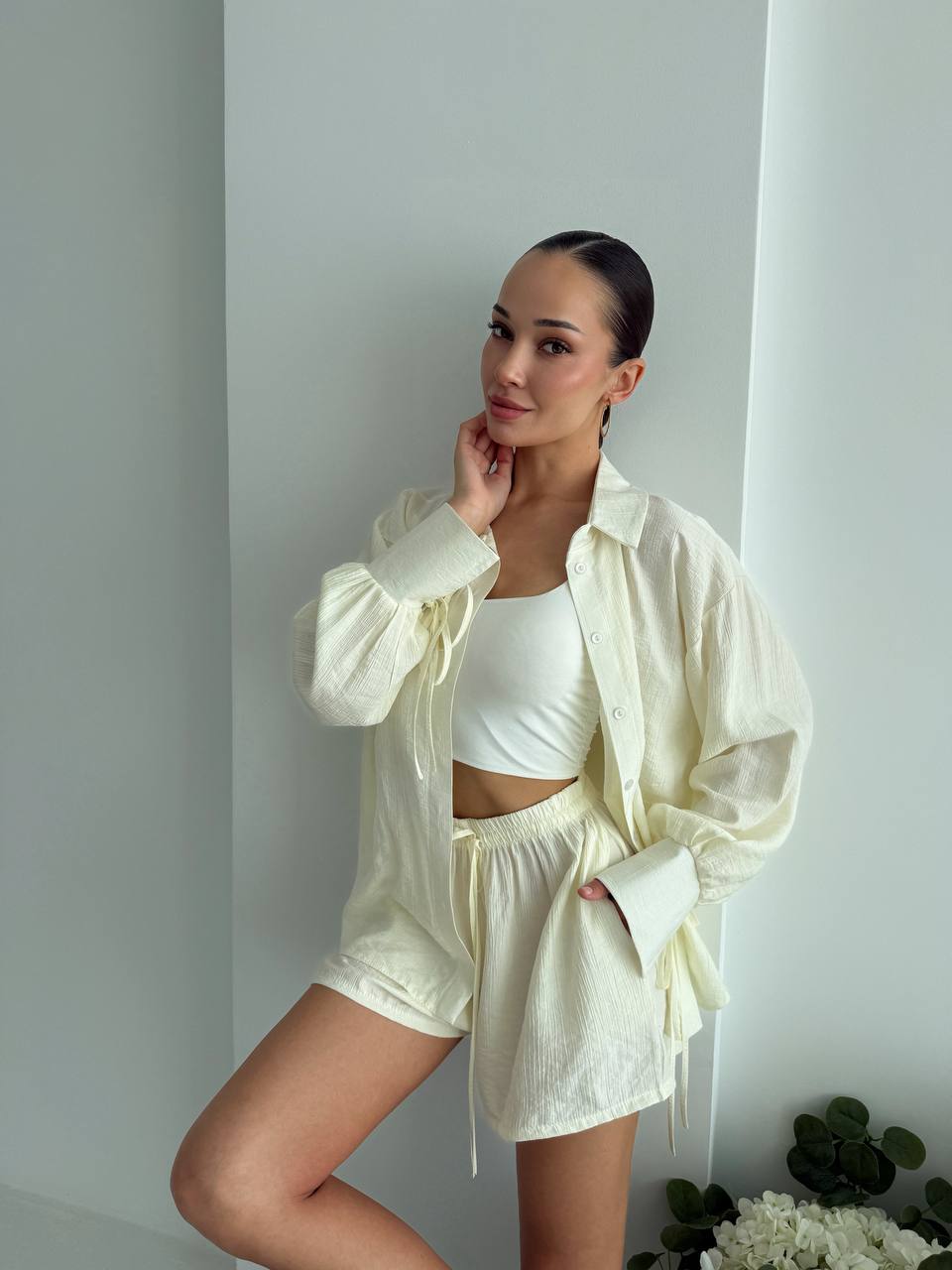 Women Two Piece Cotton Crinkle Shirt And Shorts Set Ivory Loose Fit