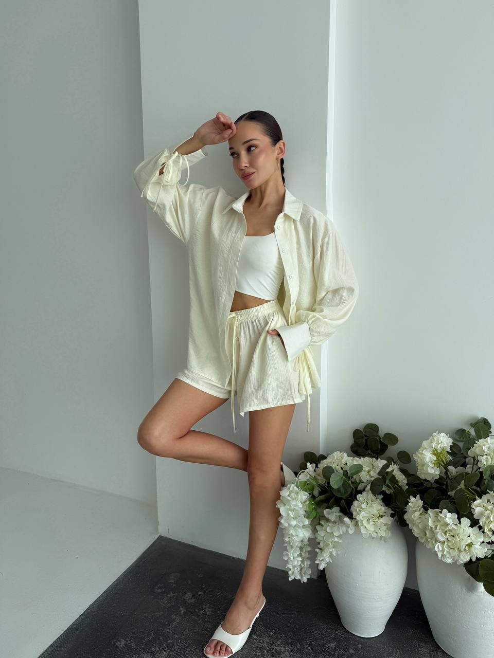 Women Two Piece Cotton Crinkle Shirt And Shorts Set Ivory Loose Fit