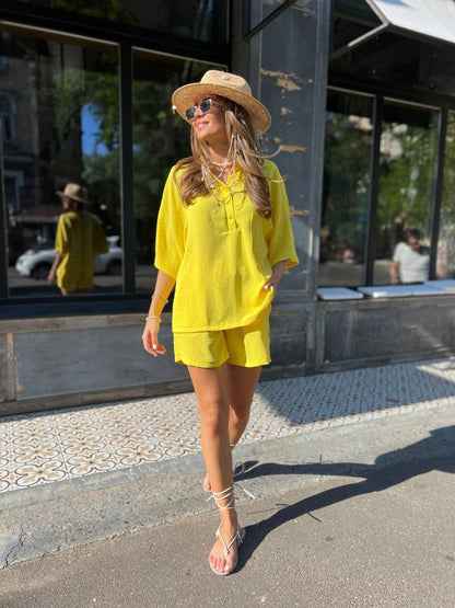 Yellow Womens Two Piece Set American Crepe Loose Button Shirt Elastic Waist Shorts