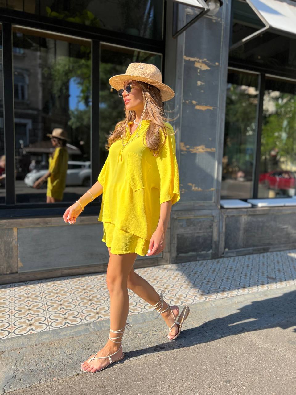 Yellow Womens Two Piece Set American Crepe Loose Button Shirt Elastic Waist Shorts