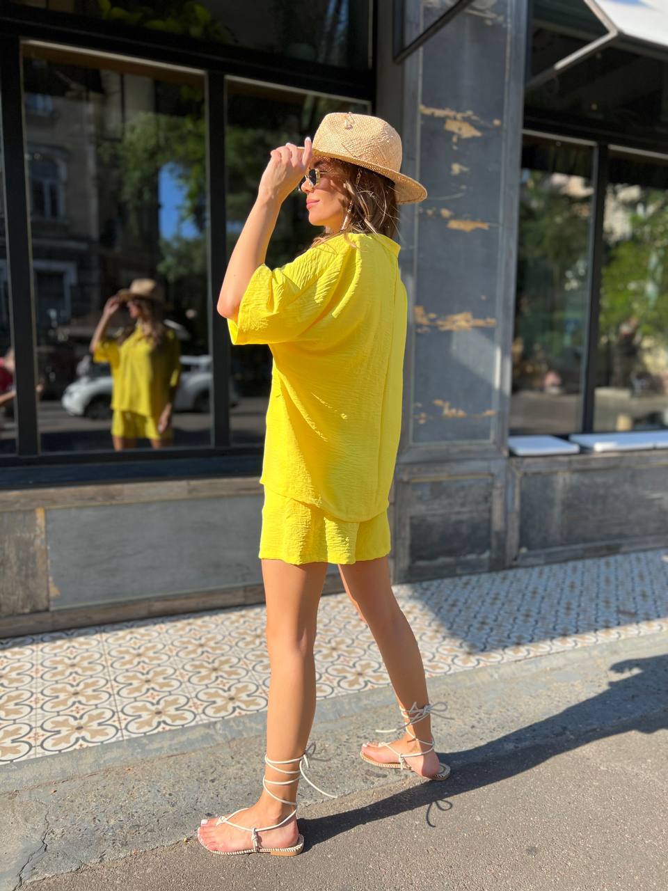 Yellow Womens Two Piece Set American Crepe Loose Button Shirt Elastic Waist Shorts