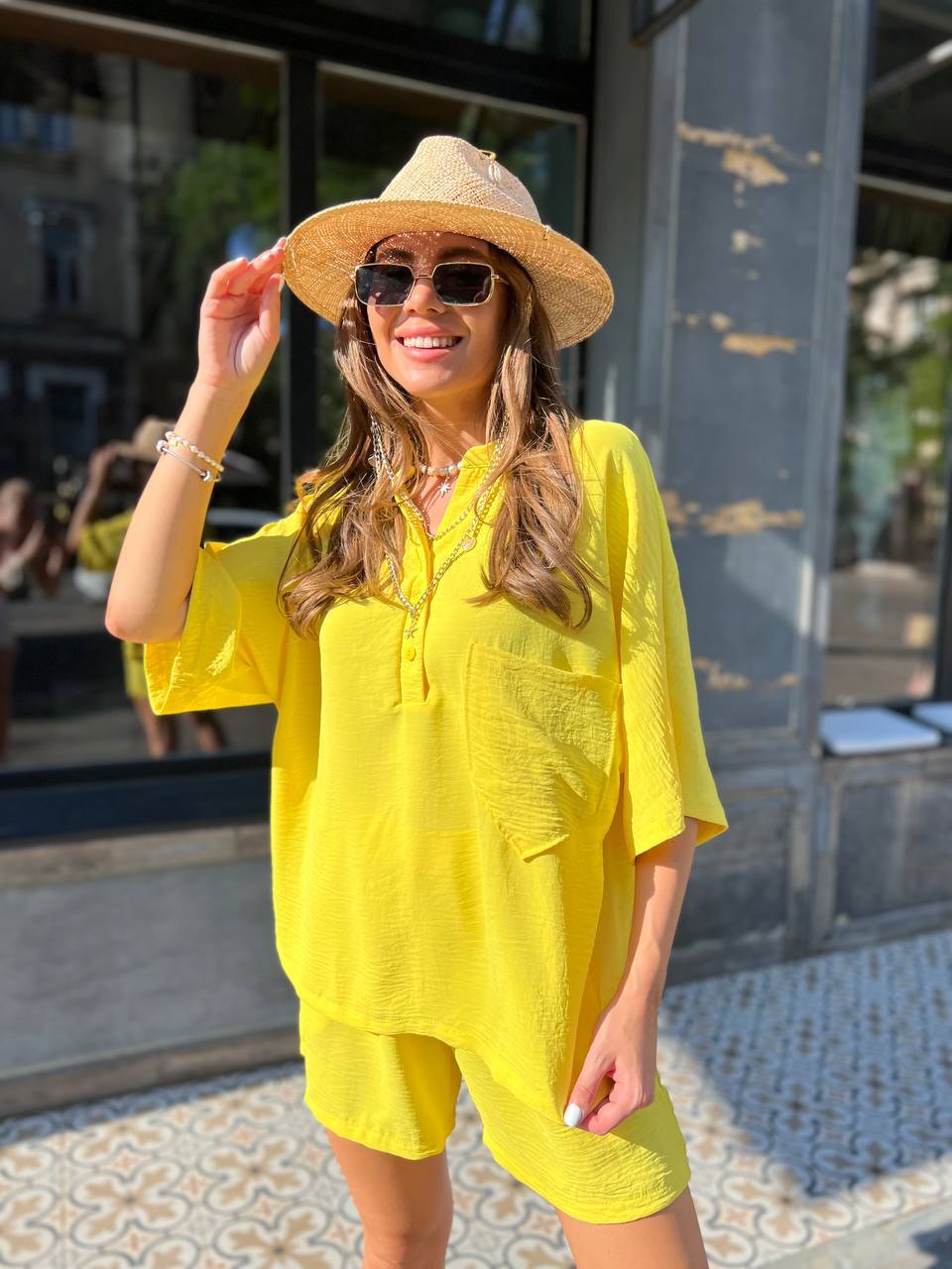 Yellow Womens Two Piece Set American Crepe Loose Button Shirt Elastic Waist Shorts