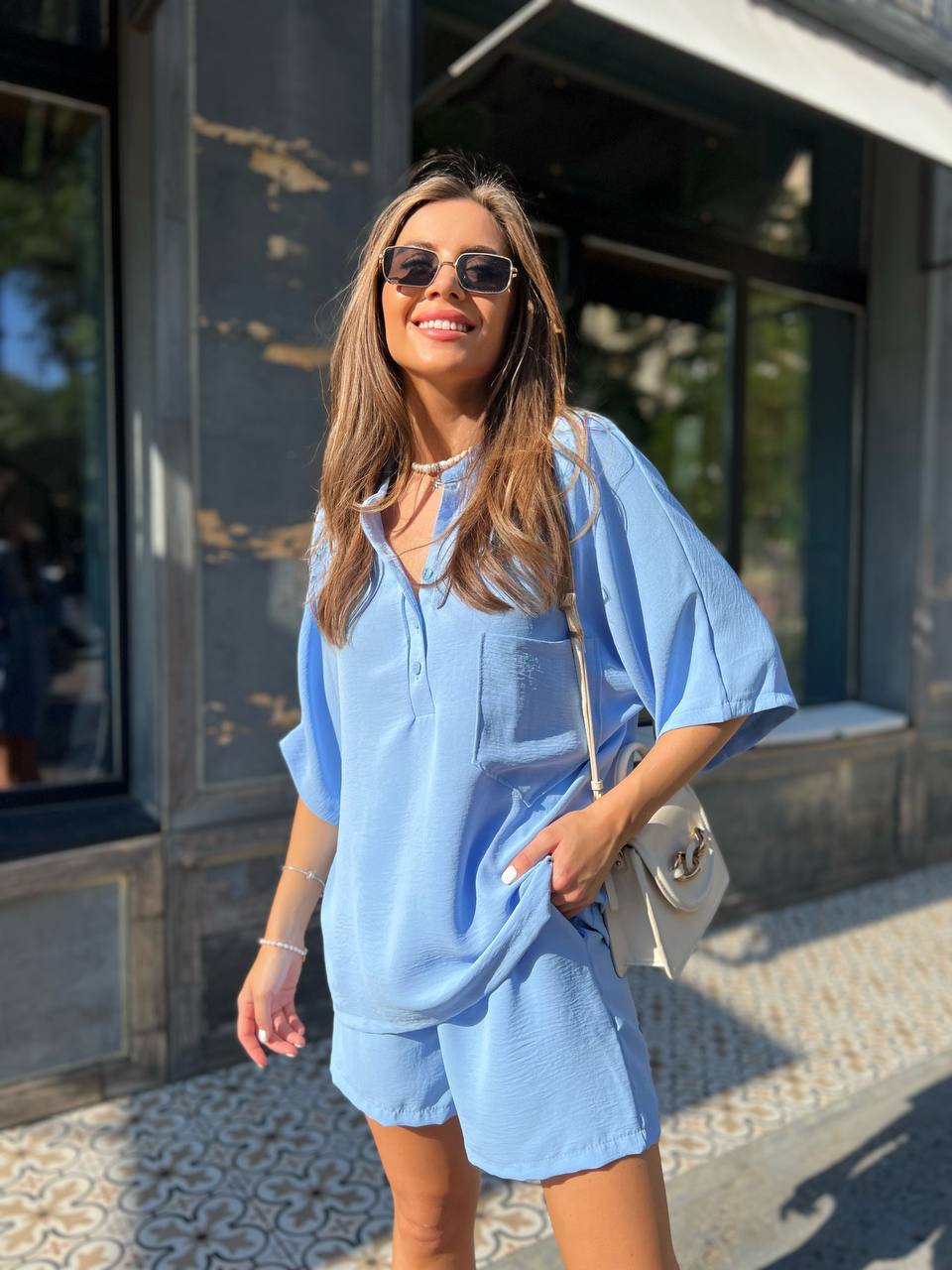 Women Two Piece Suit Light Blue Button Shirt and Shorts Set American Crepe