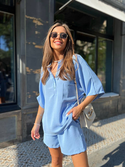 Women Two Piece Suit Light Blue Button Shirt and Shorts Set American Crepe