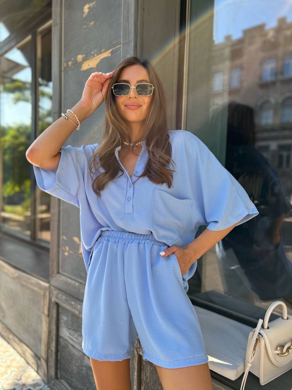 Women Two Piece Suit Light Blue Button Shirt and Shorts Set American Crepe