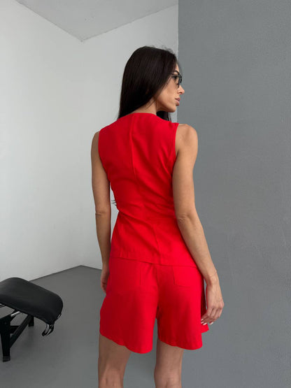 Red Linen Two Piece Set Women Asymmetric Wrap Vest and Shorts