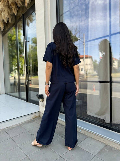Navy Linen Two Piece Set Women Loose Top Wide Palazzo Pants Relaxed Fit