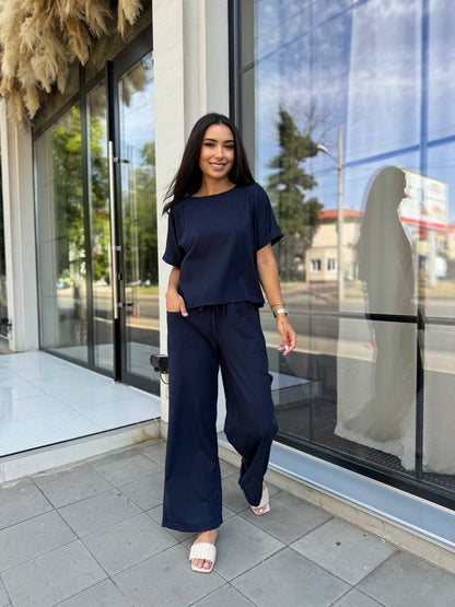 Navy Linen Two Piece Set Women Loose Top Wide Palazzo Pants Relaxed Fit