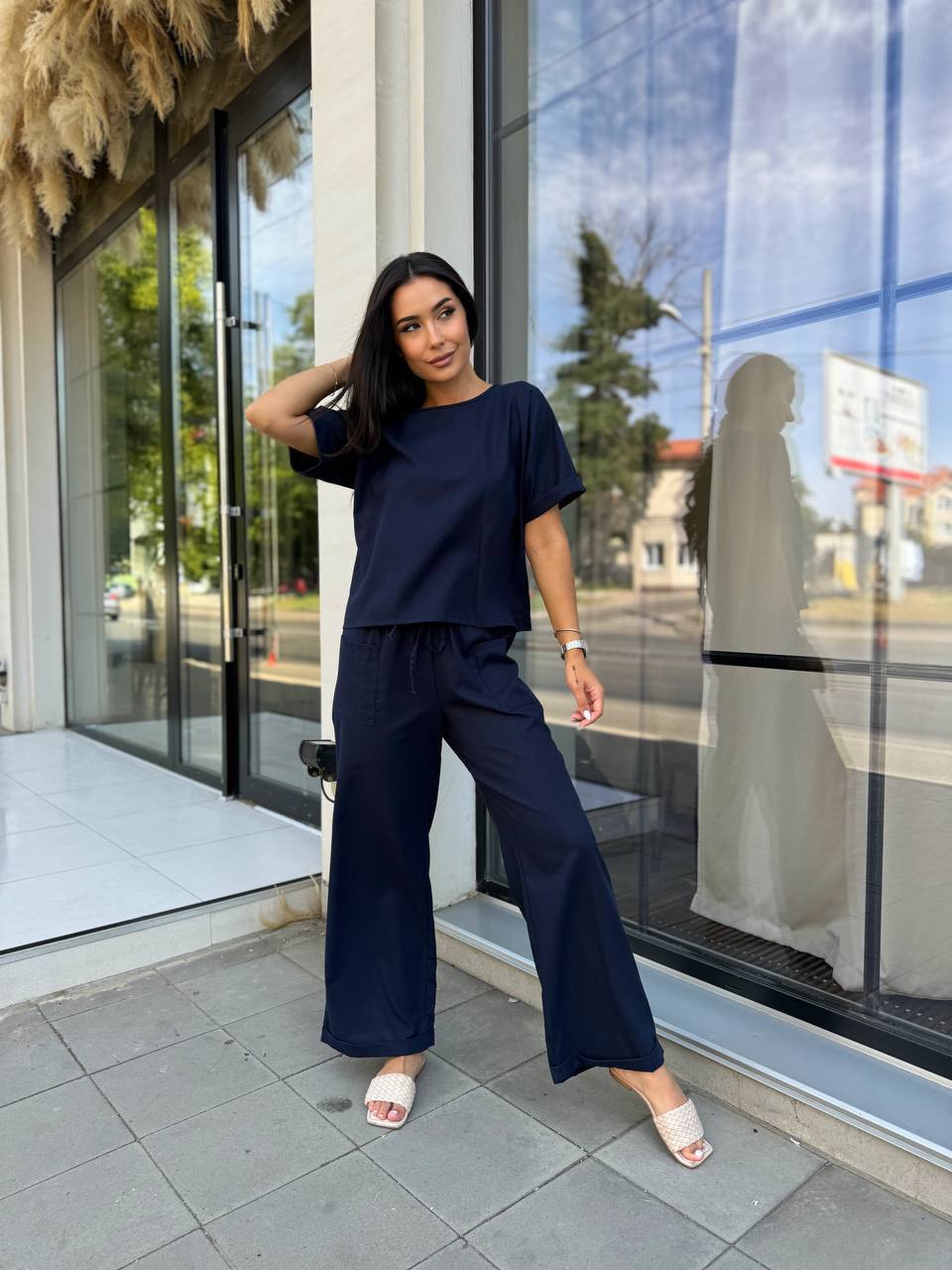 Navy Linen Two Piece Set Women Loose Top Wide Palazzo Pants Relaxed Fit