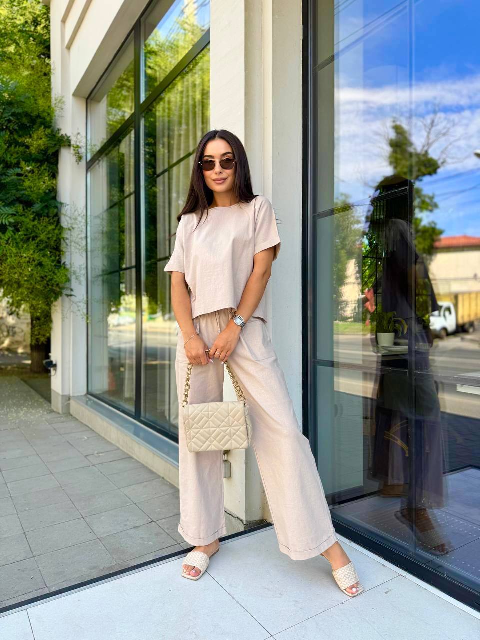 Beige Linen Two Piece Set for Women Palazzo Pants and Short Sleeve Top Relaxed Fit