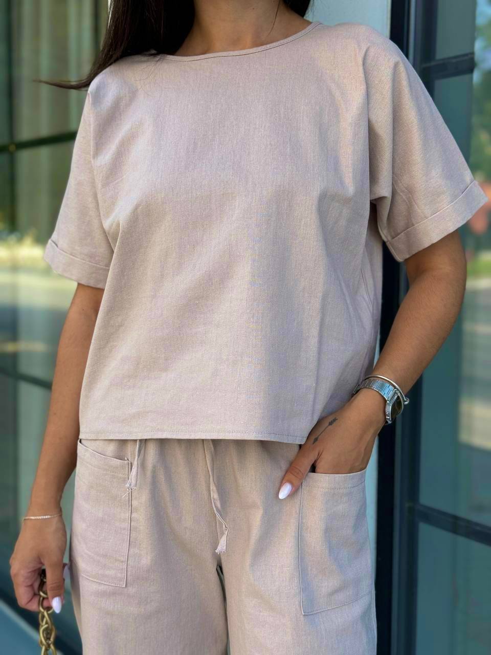 Beige Linen Two Piece Set for Women Palazzo Pants and Short Sleeve Top Relaxed Fit