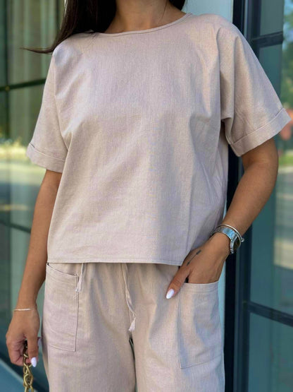 Beige Linen Two Piece Set for Women Palazzo Pants and Short Sleeve Top Relaxed Fit