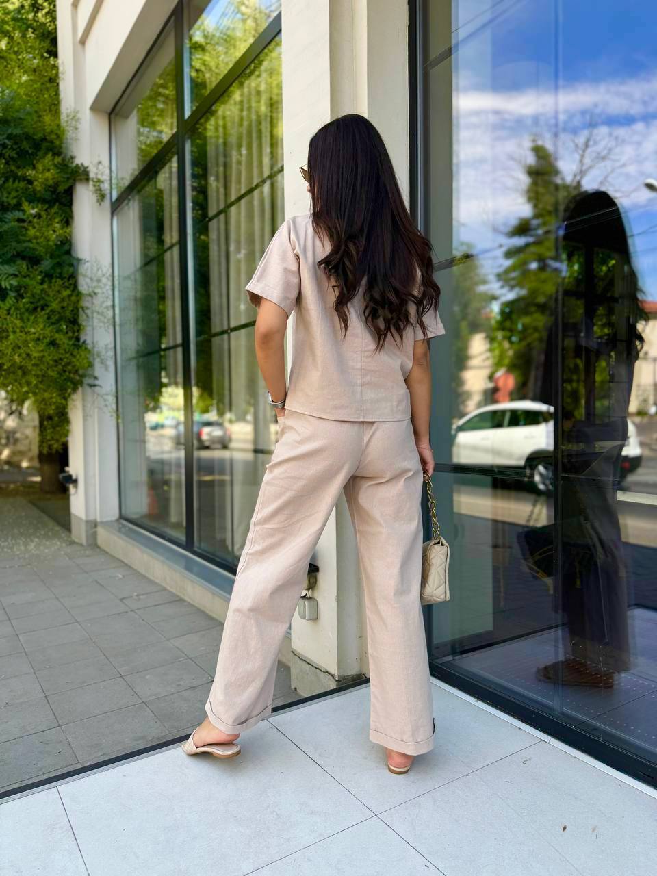 Beige Linen Two Piece Set for Women Palazzo Pants and Short Sleeve Top Relaxed Fit