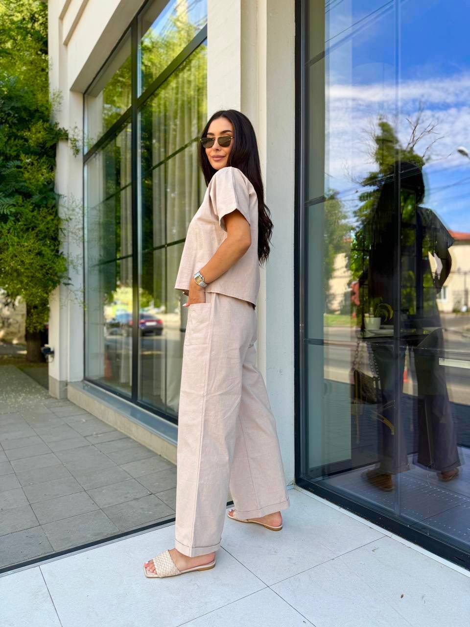 Beige Linen Two Piece Set for Women Palazzo Pants and Short Sleeve Top Relaxed Fit