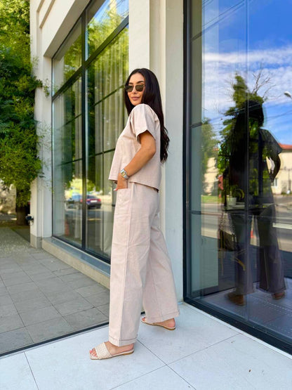 Beige Linen Two Piece Set for Women Palazzo Pants and Short Sleeve Top Relaxed Fit