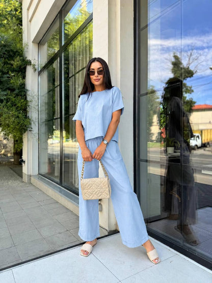 Linen Two Piece Set Women Light Blue Short Sleeve Top Palazzo Pants
