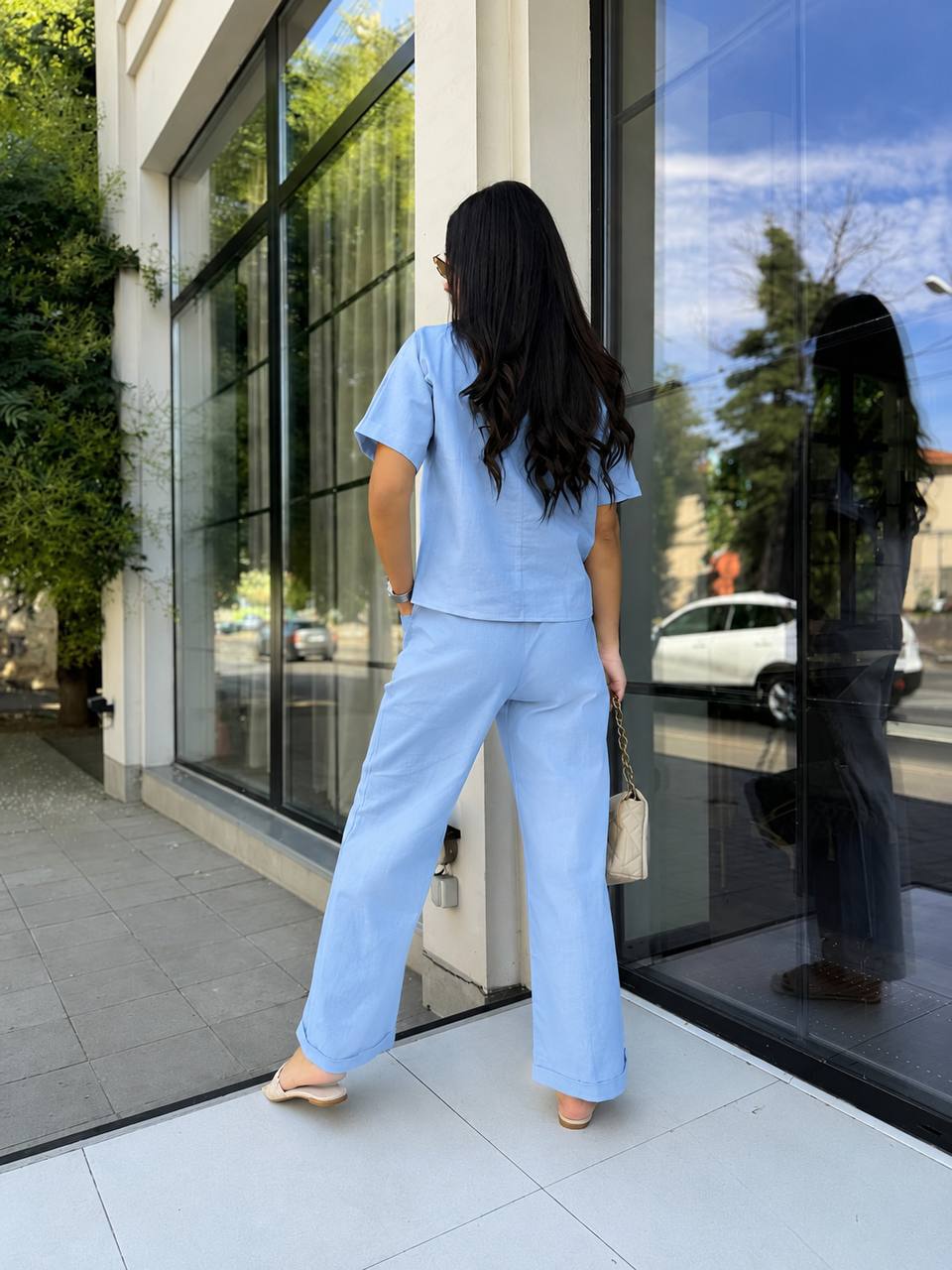 Linen Two Piece Set Women Light Blue Short Sleeve Top Palazzo Pants