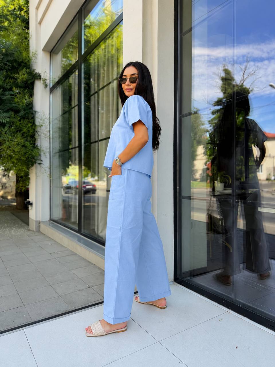Linen Two Piece Set Women Light Blue Short Sleeve Top Palazzo Pants