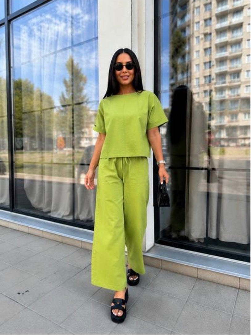 Linen Two Piece Suit Women Lime Green Wide Leg Palazzo Pants Boxy Short Sleeve Top