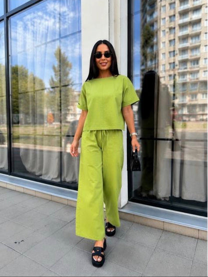 Linen Two Piece Suit Women Lime Green Wide Leg Palazzo Pants Boxy Short Sleeve Top