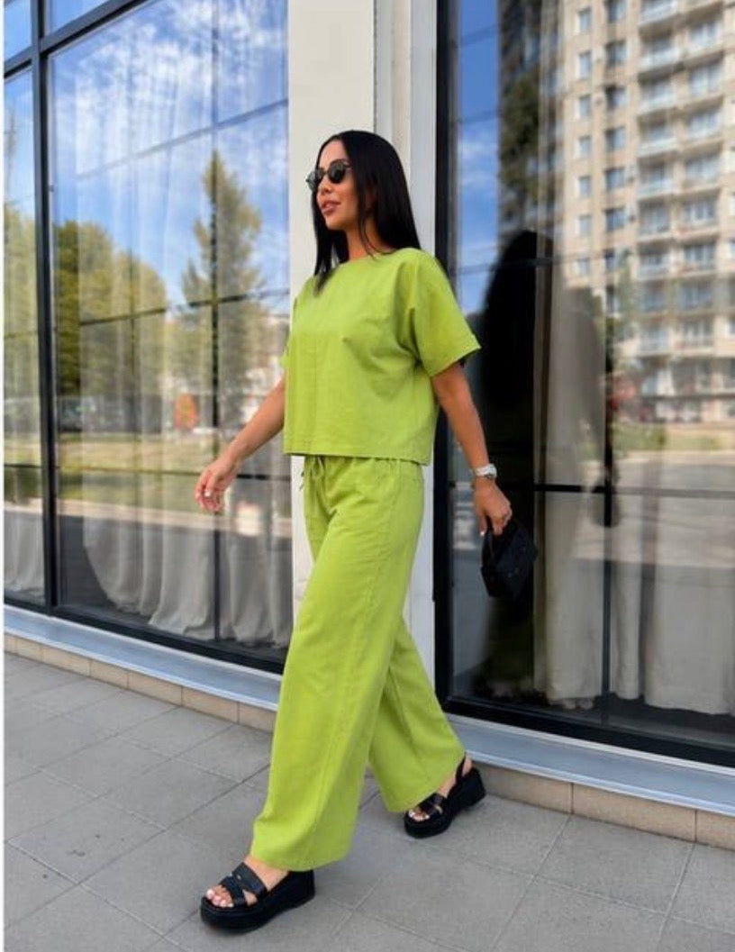 Linen Two Piece Suit Women Lime Green Wide Leg Palazzo Pants Boxy Short Sleeve Top