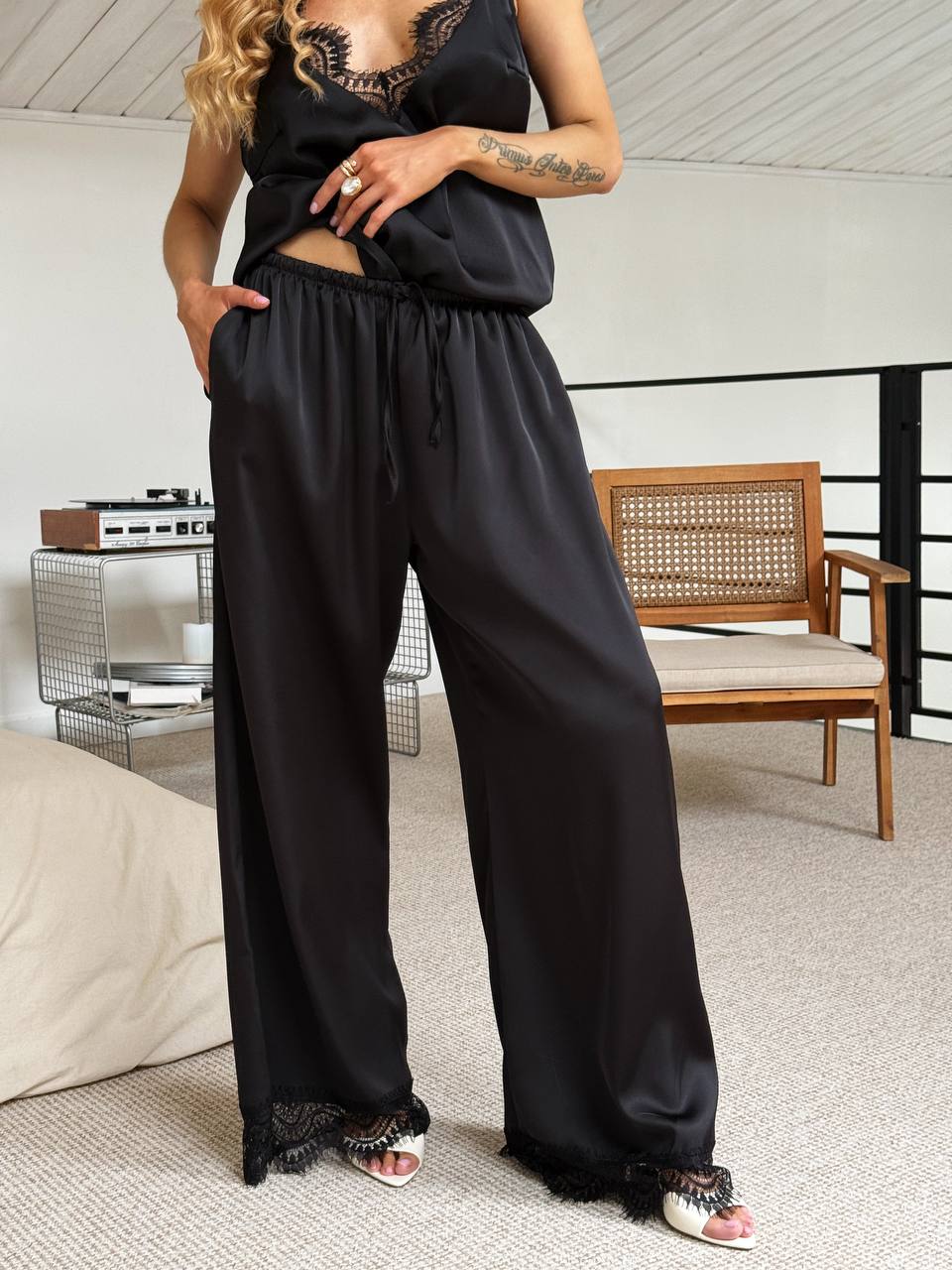 Black Silk Lace Two Piece Womens Suit Camisole Top Wide Leg Pants Set