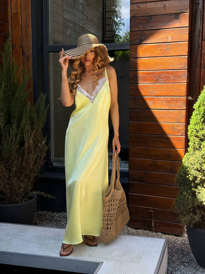 Yellow Silk Lace Slip Maxi Dress Adjustable Straps