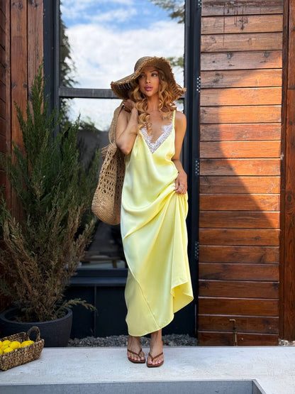 Yellow Silk Lace Slip Maxi Dress Adjustable Straps