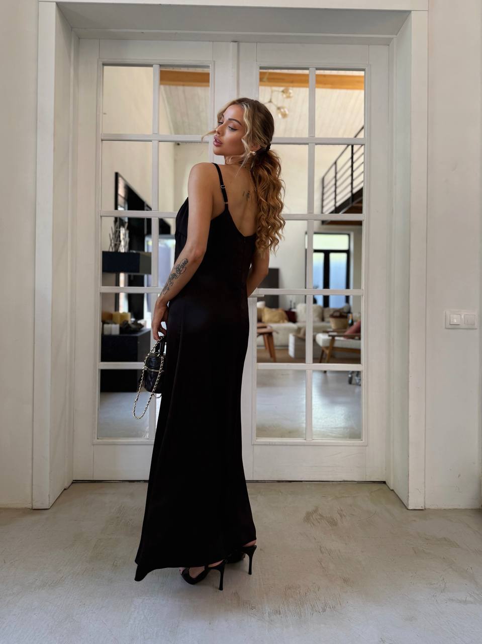 Black Double Silk Lace Maxi Slip Dress Adjustable Straps Evening Gown