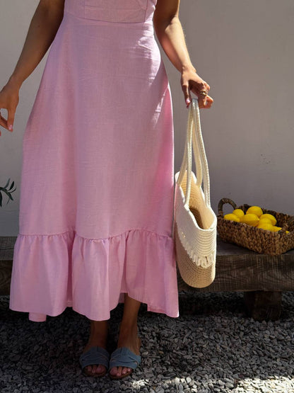 Pink Linen Maxi Dress Sweetheart Neckline Adjustable Straps Ruffle Hem