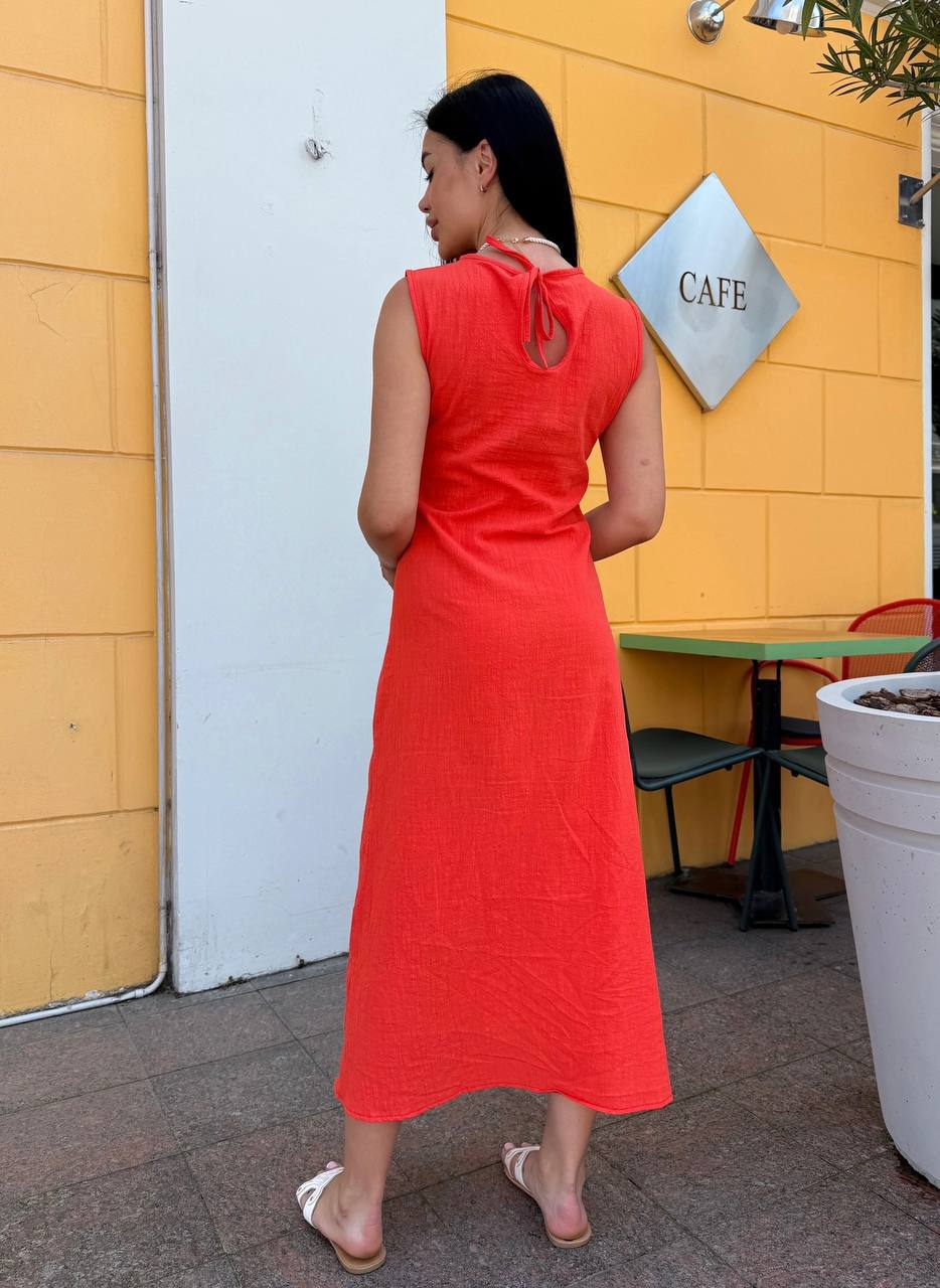 Sleeveless Crinkled Linen Midi Dress CAFE Summer Casual Dress