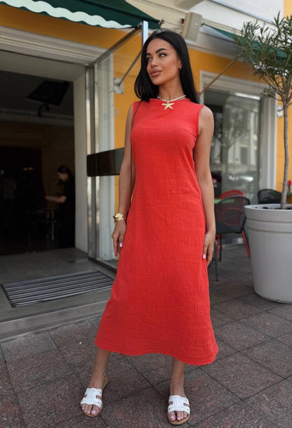 Sleeveless Crinkled Linen Midi Dress CAFE Summer Casual Dress