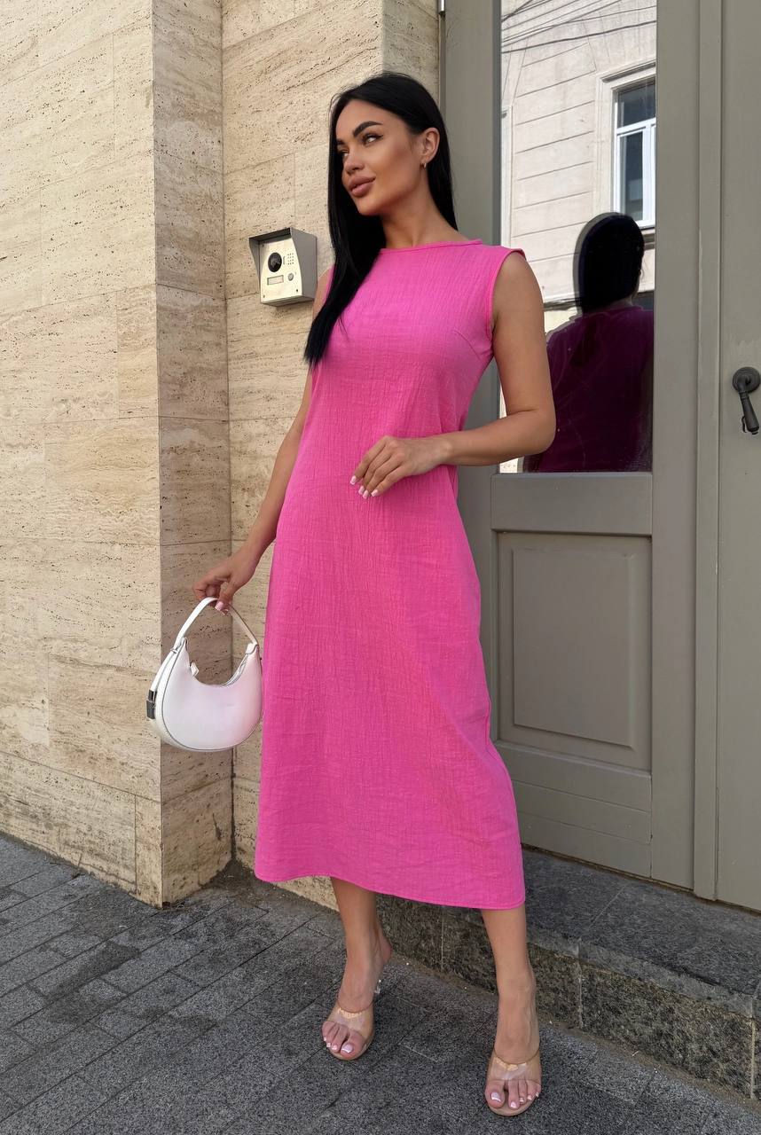 Pink Linen Midi Dress Sleeveless Summer Dress for Women