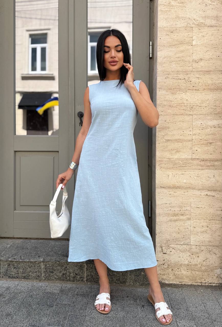 Crinkled Linen Sleeveless Midi Dress Cafe Lightweight Breathable Summer Dress