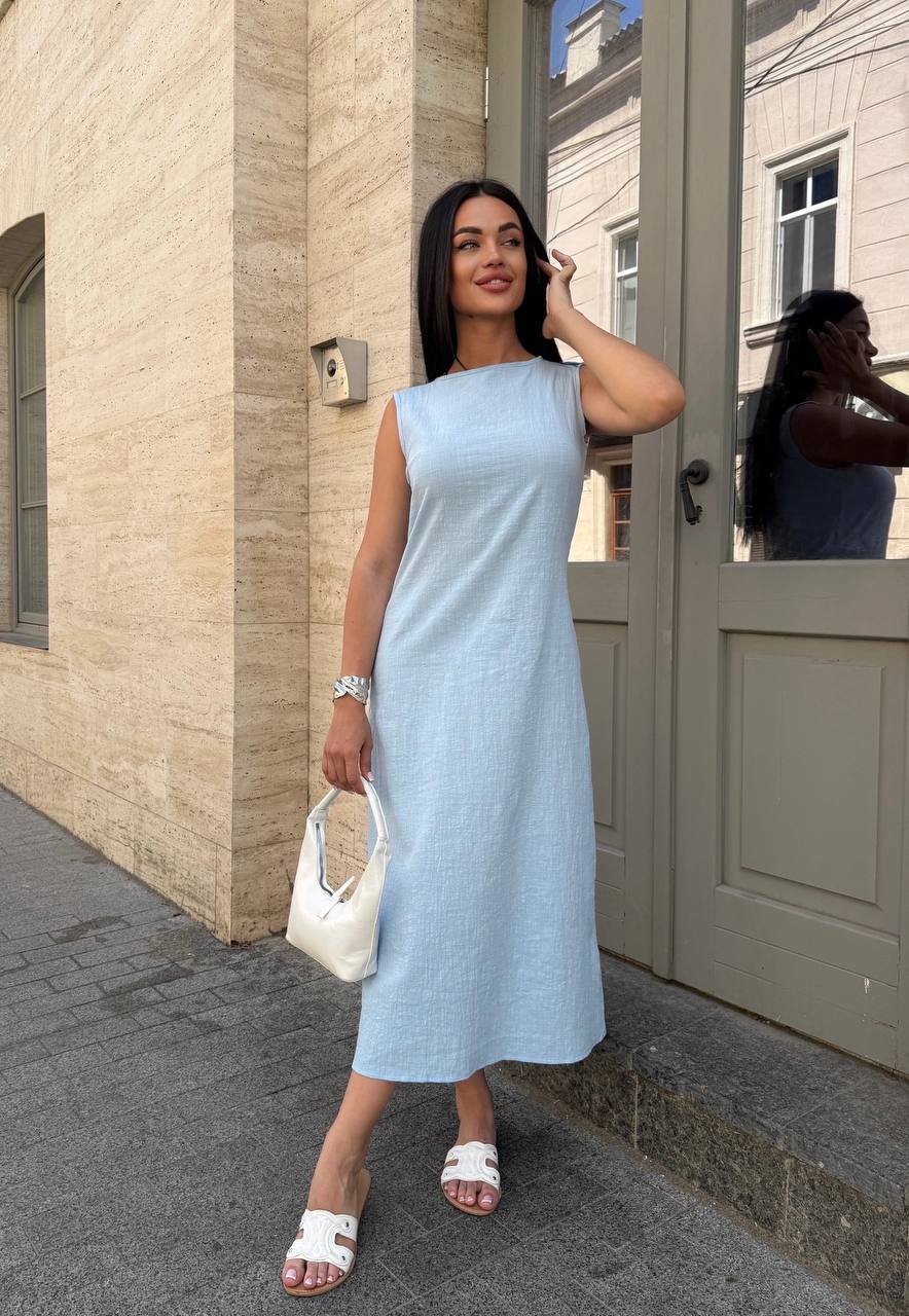 Crinkled Linen Sleeveless Midi Dress Cafe Lightweight Breathable Summer Dress