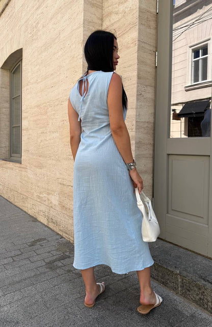 Crinkled Linen Sleeveless Midi Dress Cafe Lightweight Breathable Summer Dress
